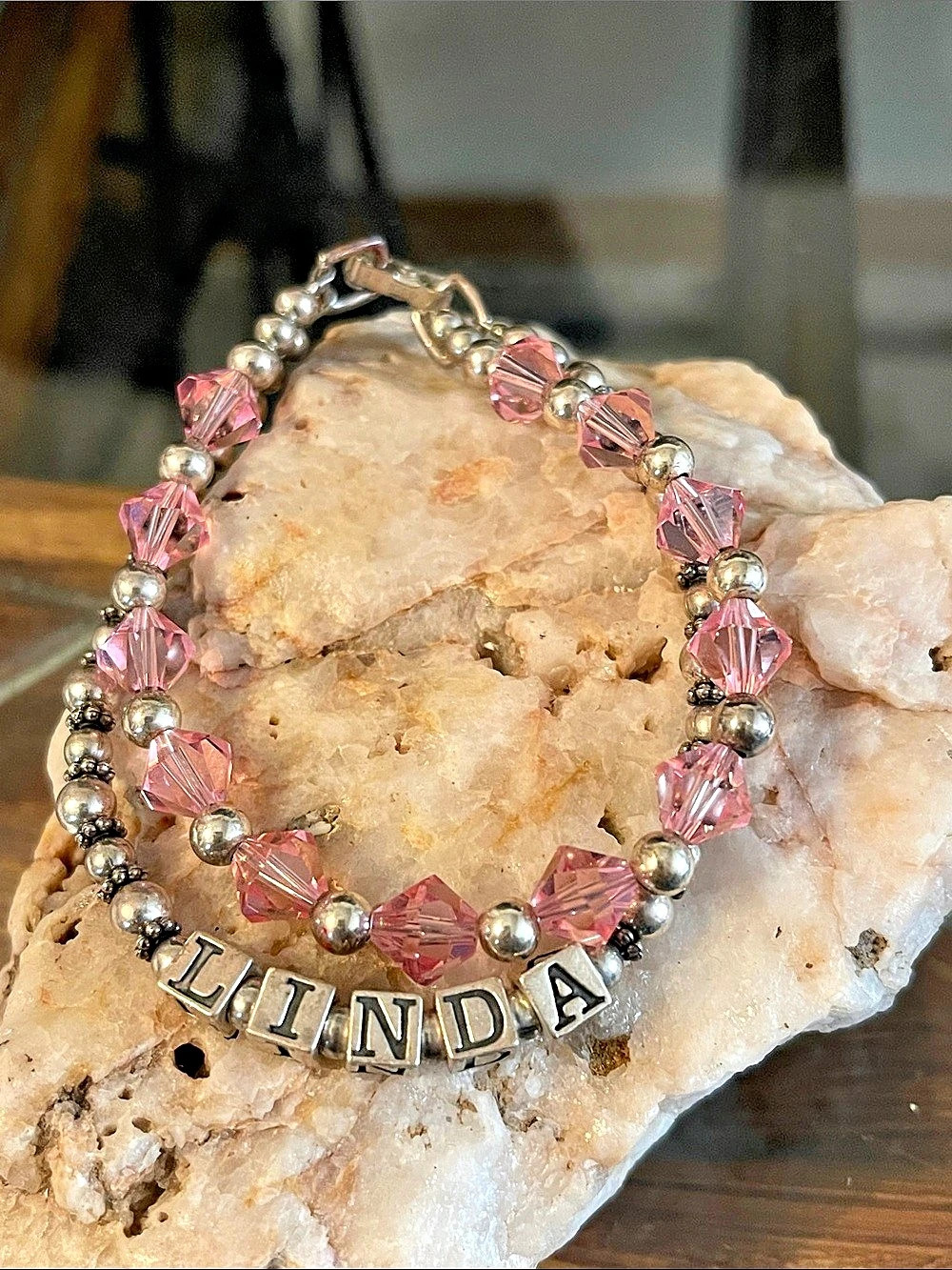 Sterling Silver Pink Crystal Beaded Name Bracelet